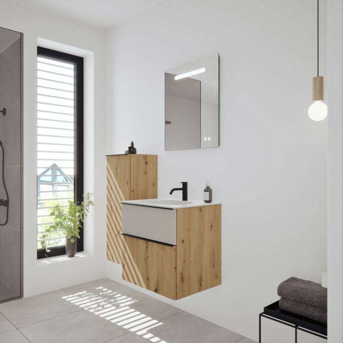 burgbad Fiumo 2.0 Mineralguss-Waschtisch mit Waschtischunterschrank 62 cm, mit Griff G0200