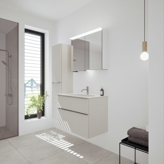 burgbad Fiumo 2.0 Mineralguss-Waschtisch mit Waschtischunterschrank 82 cm, mit Griff G0146