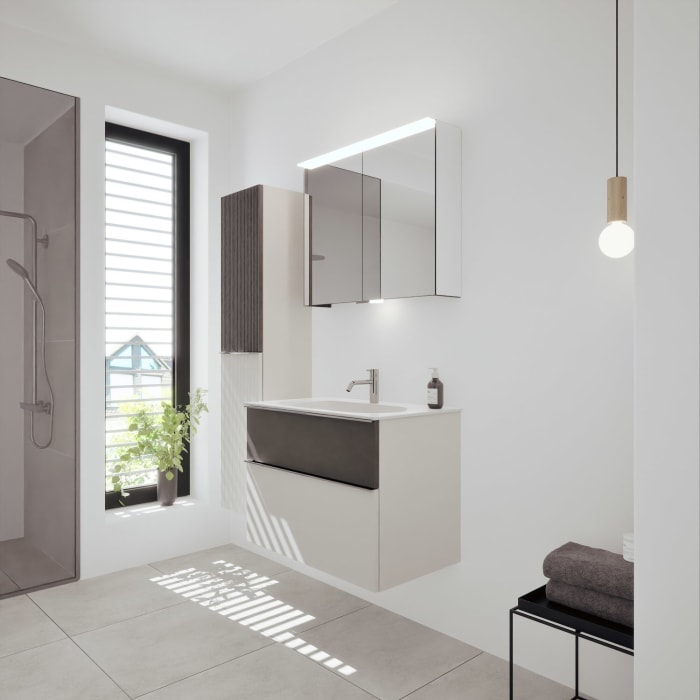 burgbad Fiumo 2.0 Mineralguss-Waschtisch mit Waschtischunterschrank 82 cm, mit Griff G0146