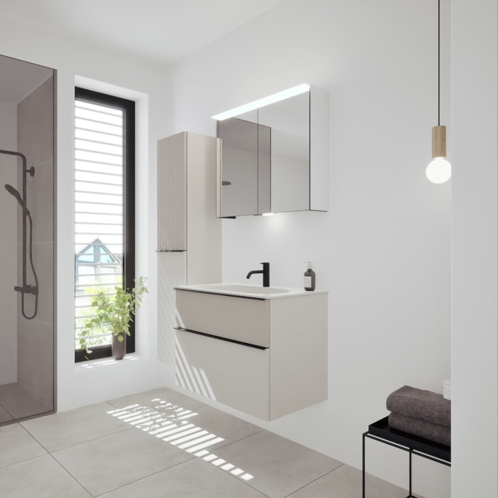 burgbad Fiumo 2.0 Mineralguss-Waschtisch mit Waschtischunterschrank 82 cm, mit Griff G0200