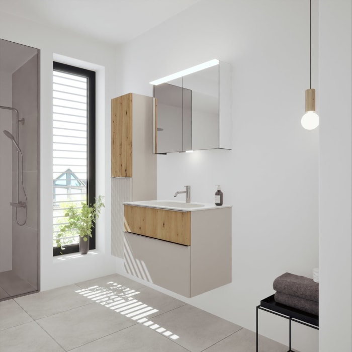 burgbad Fiumo 2.0 Mineralguss-Waschtisch mit Waschtischunterschrank 82 cm, mit Griff G0146