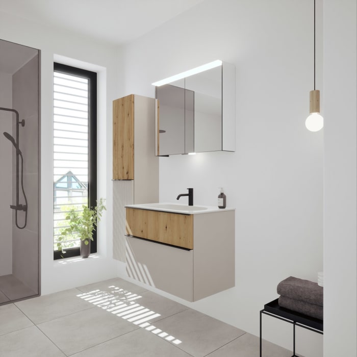 burgbad Fiumo 2.0 Mineralguss-Waschtisch mit Waschtischunterschrank 82 cm, mit Griff G0200