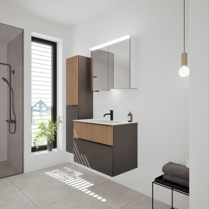 burgbad Fiumo 2.0 Mineralguss-Waschtisch mit Waschtischunterschrank 82 cm, mit Griff G0200