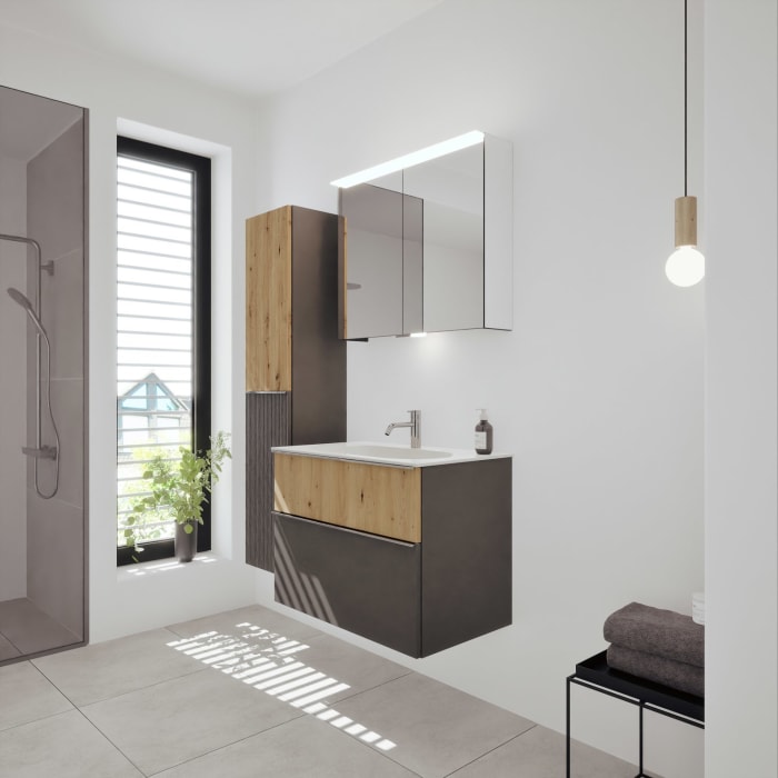 burgbad Fiumo 2.0 Mineralguss-Waschtisch mit Waschtischunterschrank 82 cm, mit Griff G0146