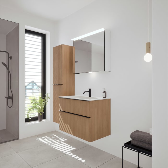 burgbad Fiumo 2.0 Mineralguss-Waschtisch mit Waschtischunterschrank 82 cm, mit Griff G0200