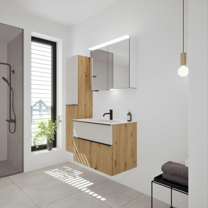 burgbad Fiumo 2.0 Mineralguss-Waschtisch mit Waschtischunterschrank 82 cm, mit Griff G0200