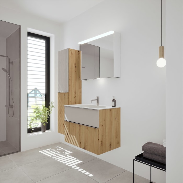 burgbad Fiumo 2.0 Mineralguss-Waschtisch mit Waschtischunterschrank 82 cm, mit Griff G0146