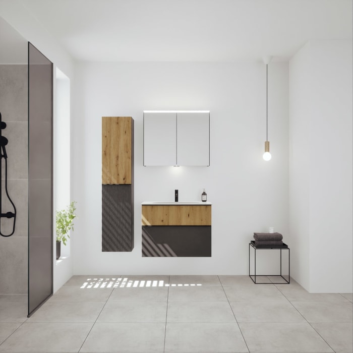 burgbad Fiumo 2.0 Mineralguss-Waschtisch mit Waschtischunterschrank 82 cm, mit Griff G0200