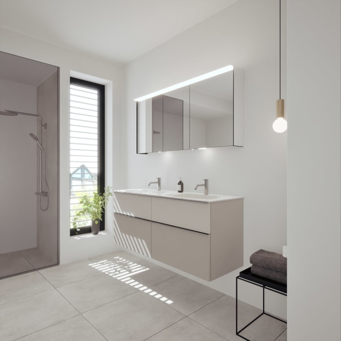 burgbad Fiumo 2.0 Mineralguss-Waschtisch mit Waschtischunterschrank 142 cm, mit Griff G0146