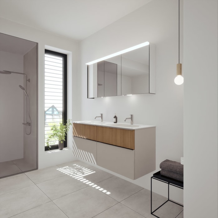 burgbad Fiumo 2.0 Mineralguss-Waschtisch mit Waschtischunterschrank 142 cm, mit Griff G0146