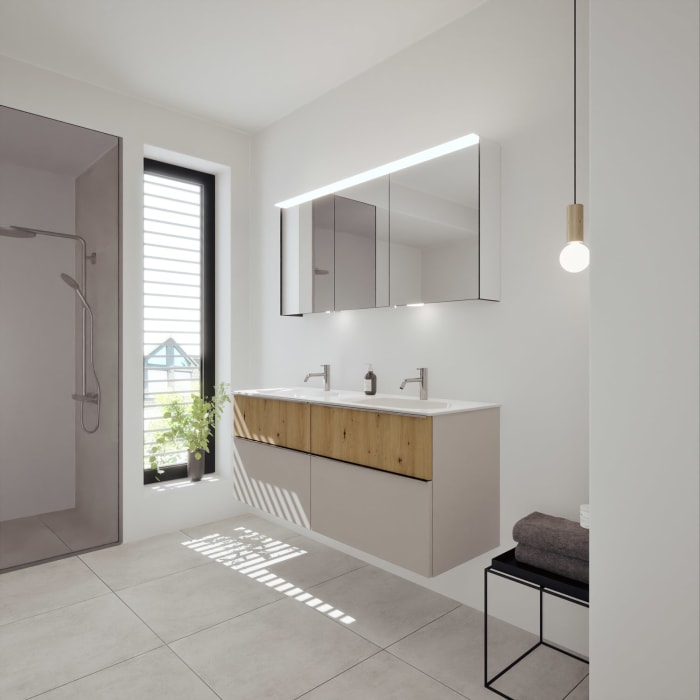 burgbad Fiumo 2.0 Mineralguss-Waschtisch mit Waschtischunterschrank 142 cm, mit Griff G0146