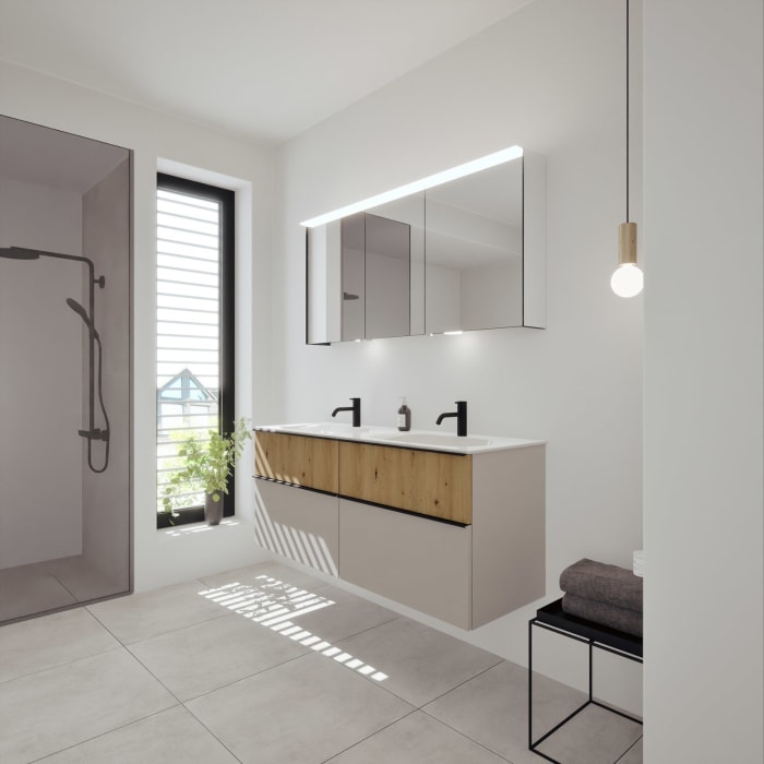 burgbad Fiumo 2.0 Mineralguss-Waschtisch mit Waschtischunterschrank 142 cm, mit Griff G0200