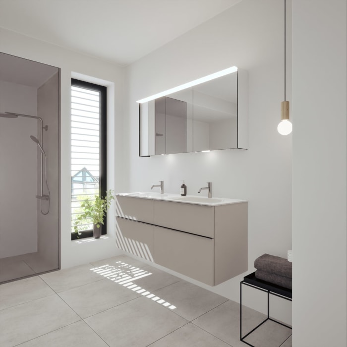 burgbad Fiumo 2.0 Mineralguss-Waschtisch mit Waschtischunterschrank 142 cm, mit Griff G0146