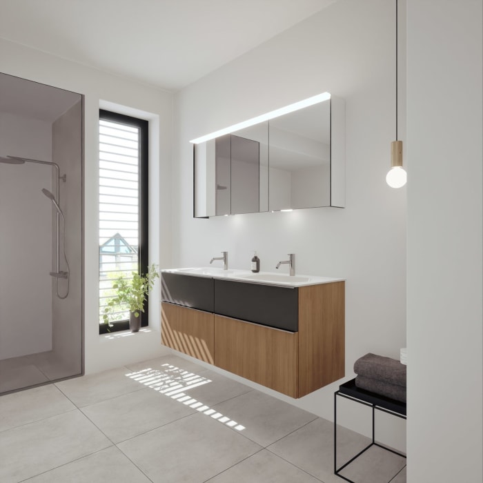 burgbad Fiumo 2.0 Mineralguss-Waschtisch mit Waschtischunterschrank 142 cm, mit Griff G0146