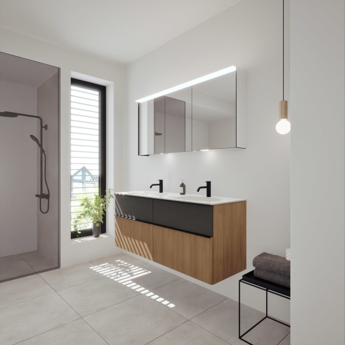 burgbad Fiumo 2.0 Mineralguss-Waschtisch mit Waschtischunterschrank 142 cm, mit Griff G0200