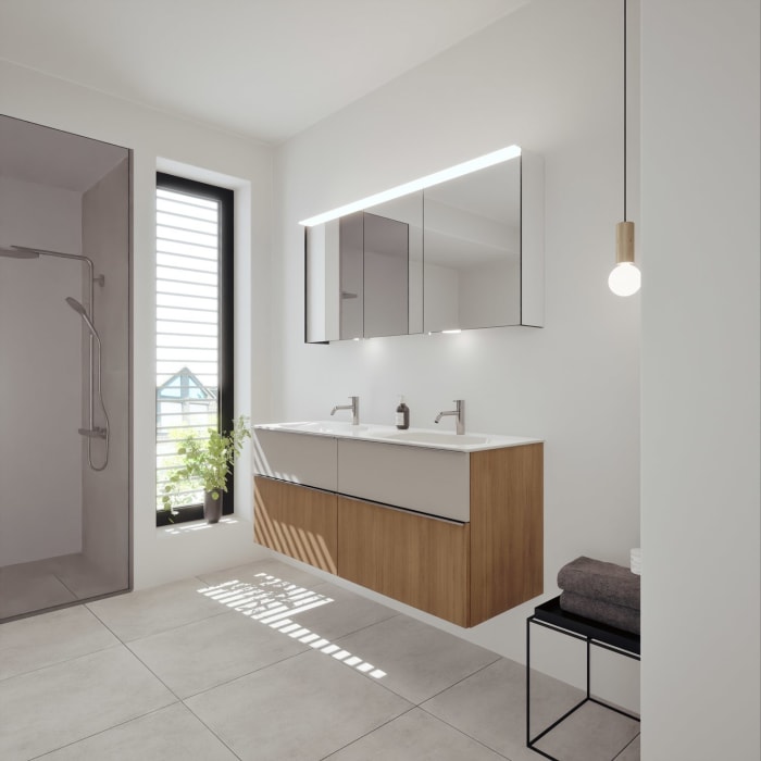 burgbad Fiumo 2.0 Mineralguss-Waschtisch mit Waschtischunterschrank 142 cm, mit Griff G0146