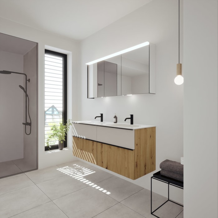 burgbad Fiumo 2.0 Mineralguss-Waschtisch mit Waschtischunterschrank 142 cm, mit Griff G0200