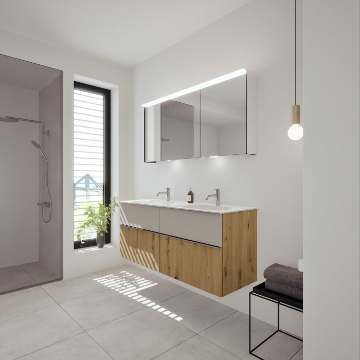 burgbad Fiumo 2.0 Mineralguss-Waschtisch mit Waschtischunterschrank 142 cm, mit Griff G0146