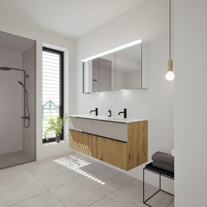 burgbad Fiumo 2.0 Mineralguss-Waschtisch mit Waschtischunterschrank 142 cm, mit Griff G0200