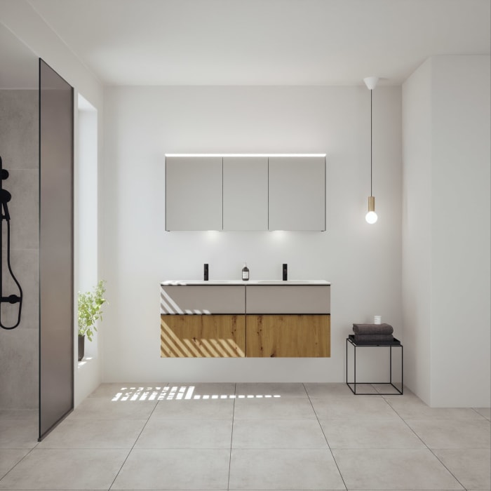 burgbad Fiumo 2.0 Mineralguss-Waschtisch mit Waschtischunterschrank 142 cm, mit Griff G0200