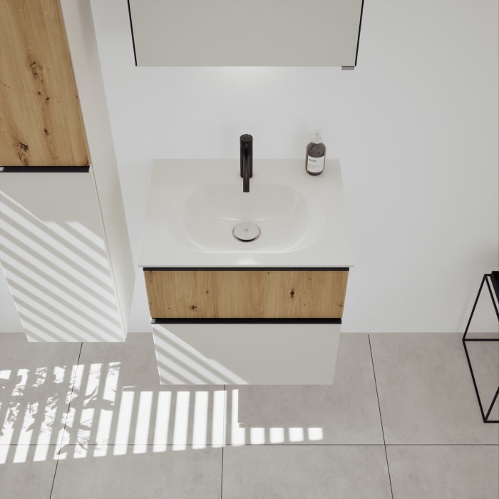 burgbad Fiumo 2.0 Mineralguss-Waschtisch mit Waschtischunterschrank 62 cm, mit Griff G0200