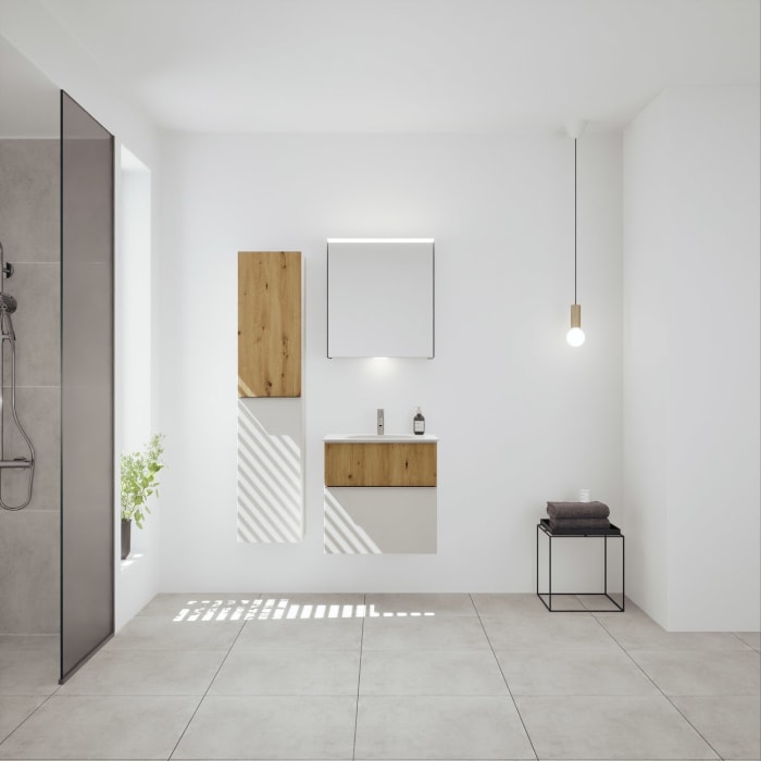 burgbad Fiumo 2.0 Mineralguss-Waschtisch mit Waschtischunterschrank 62 cm, mit Griff G0146