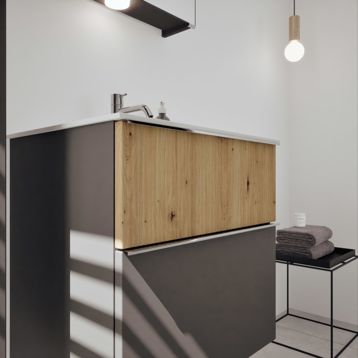 burgbad Fiumo 2.0 Mineralguss-Waschtisch mit Waschtischunterschrank 62 cm, mit Griff G0146