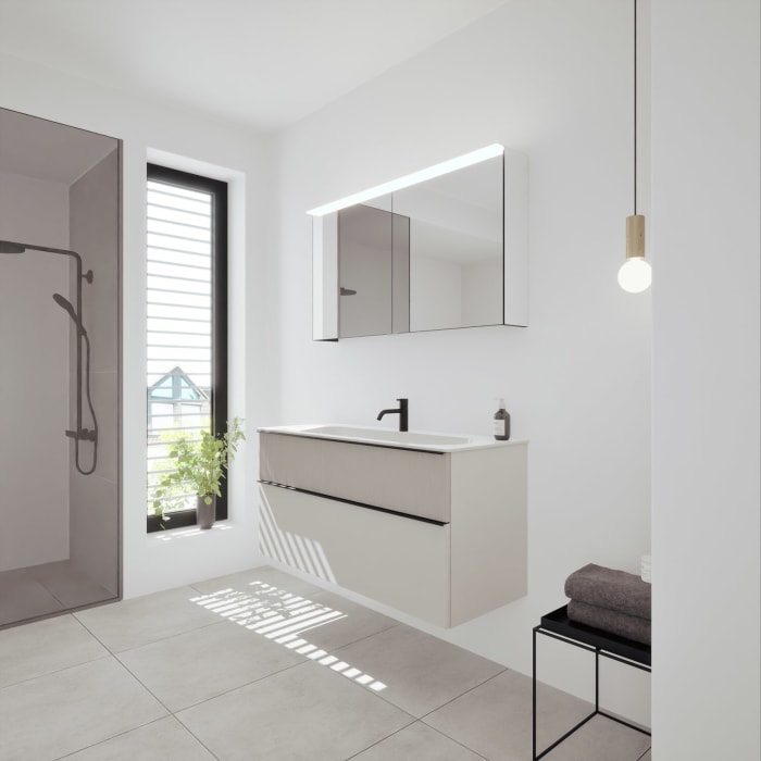 burgbad Fiumo 2.0 Mineralguss-Waschtisch mit Waschtischunterschrank 122 cm, mit Griff G0200