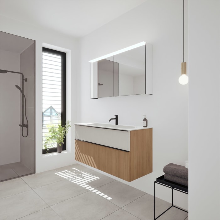 burgbad Fiumo 2.0 Mineralguss-Waschtisch mit Waschtischunterschrank 122 cm, mit Griff G0200