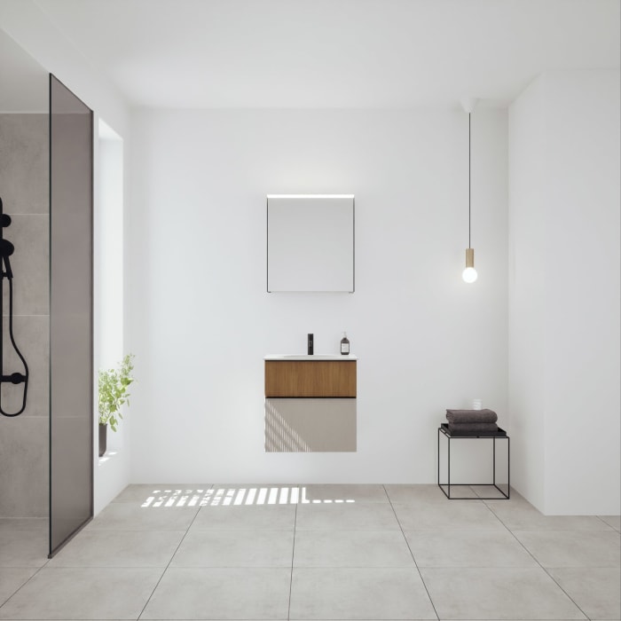 burgbad Fiumo 2.0 Mineralguss-Waschtisch mit Waschtischunterschrank 62 cm, mit Griff G0200