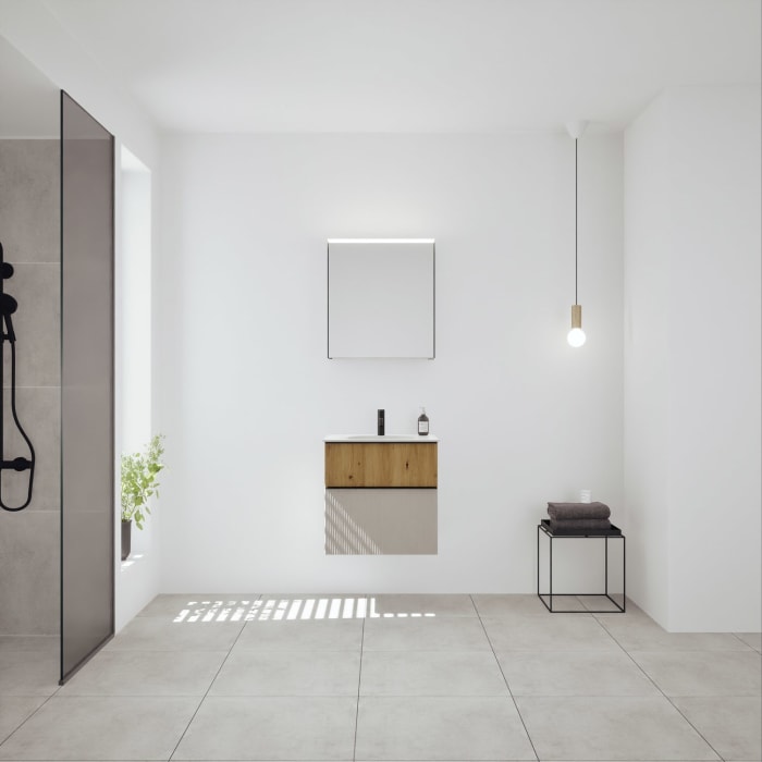 burgbad Fiumo 2.0 Mineralguss-Waschtisch mit Waschtischunterschrank 62 cm, mit Griff G0200