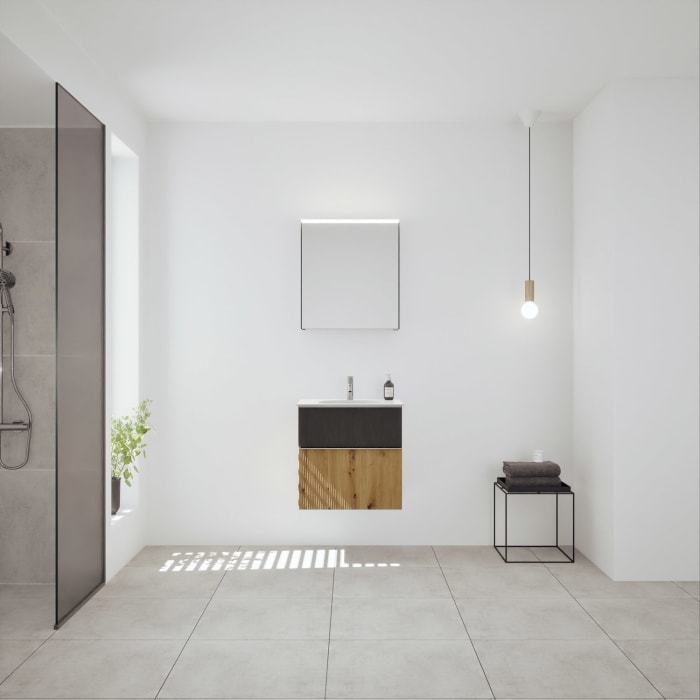 burgbad Fiumo 2.0 Mineralguss-Waschtisch mit Waschtischunterschrank 62 cm, mit Griff G0146