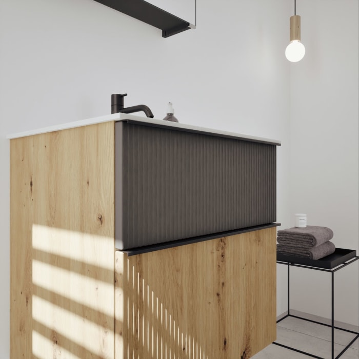 burgbad Fiumo 2.0 Mineralguss-Waschtisch mit Waschtischunterschrank 62 cm, mit Griff G0200