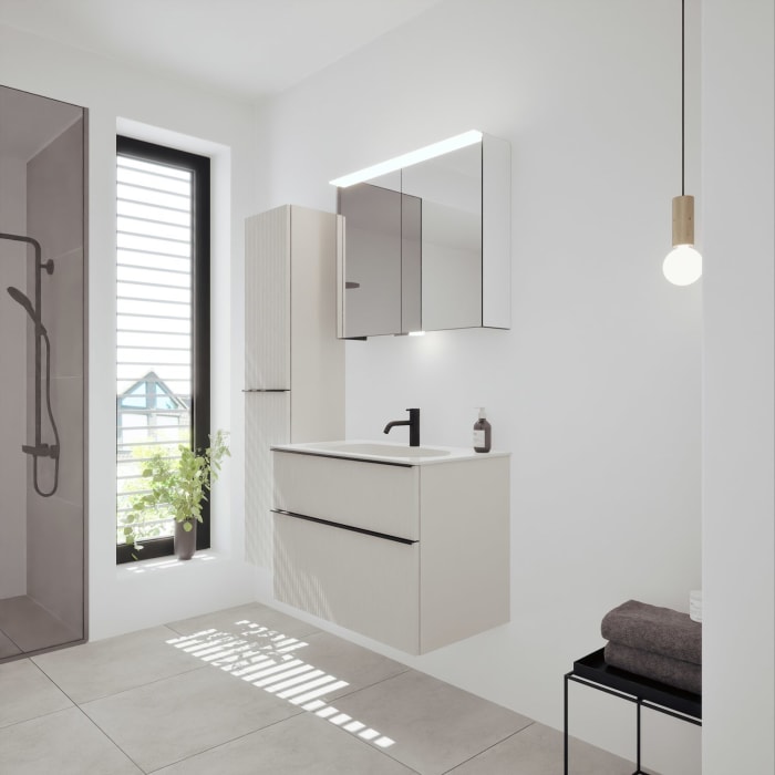 burgbad Fiumo 2.0 Mineralguss-Waschtisch mit Waschtischunterschrank 82 cm, mit Griff G0200