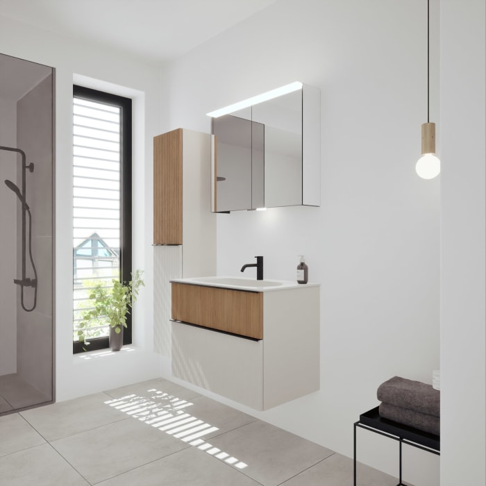 burgbad Fiumo 2.0 Mineralguss-Waschtisch mit Waschtischunterschrank 82 cm, mit Griff G0200