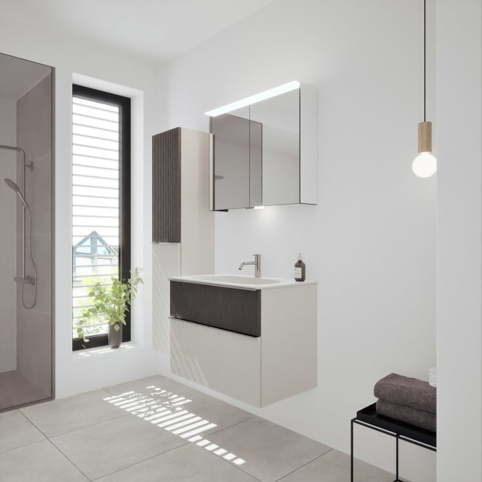 burgbad Fiumo 2.0 Mineralguss-Waschtisch mit Waschtischunterschrank 82 cm, mit Griff G0146