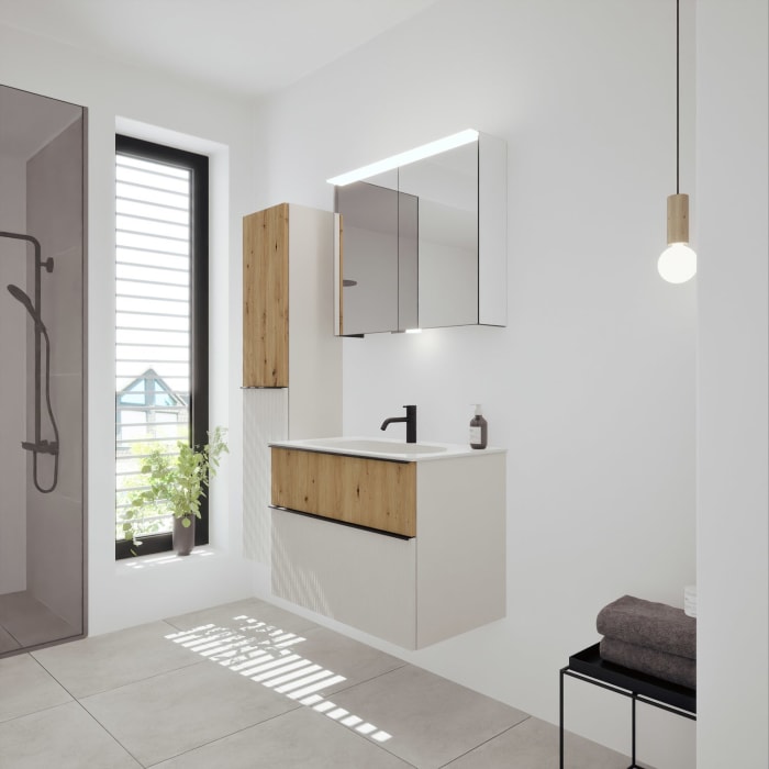 burgbad Fiumo 2.0 Mineralguss-Waschtisch mit Waschtischunterschrank 82 cm, mit Griff G0200