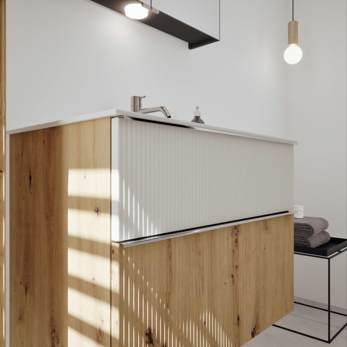 burgbad Fiumo 2.0 Mineralguss-Waschtisch mit Waschtischunterschrank 82 cm, mit Griff G0146