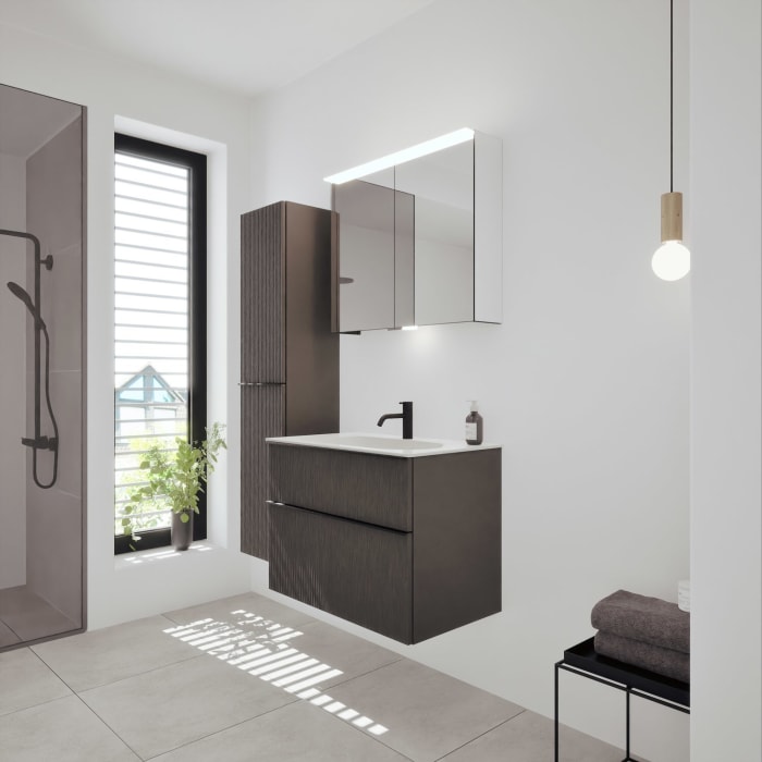 burgbad Fiumo 2.0 Mineralguss-Waschtisch mit Waschtischunterschrank 82 cm, mit Griff G0200