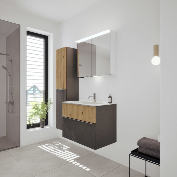 burgbad Fiumo 2.0 Mineralguss-Waschtisch mit Waschtischunterschrank 82 cm, mit Griff G0146