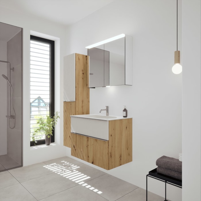 burgbad Fiumo 2.0 Mineralguss-Waschtisch mit Waschtischunterschrank 82 cm, mit Griff G0146