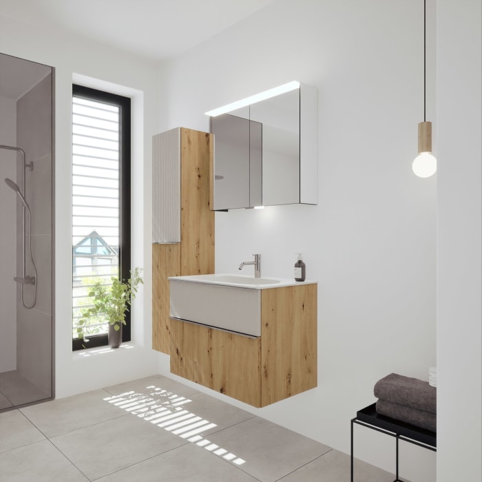 burgbad Fiumo 2.0 Mineralguss-Waschtisch mit Waschtischunterschrank 82 cm, mit Griff G0146