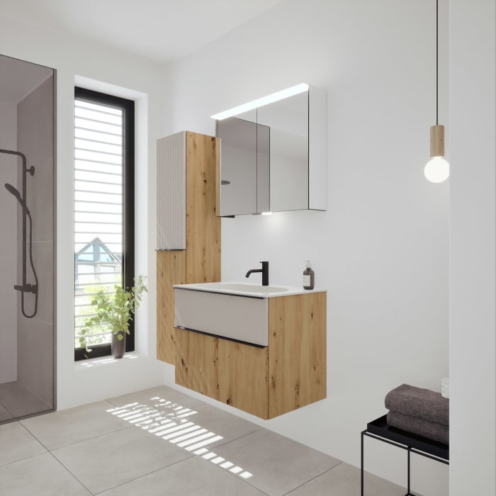 burgbad Fiumo 2.0 Mineralguss-Waschtisch mit Waschtischunterschrank 82 cm, mit Griff G0200