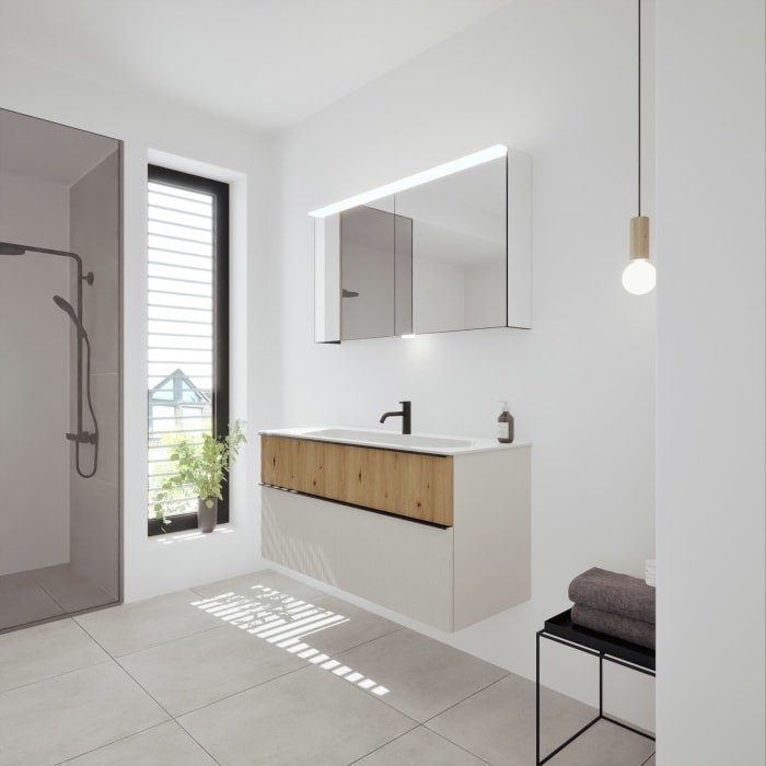 burgbad Fiumo 2.0 Mineralguss-Waschtisch mit Waschtischunterschrank 122 cm, mit Griff G0200