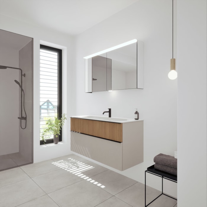 burgbad Fiumo 2.0 Mineralguss-Waschtisch mit Waschtischunterschrank 122 cm, mit Griff G0200