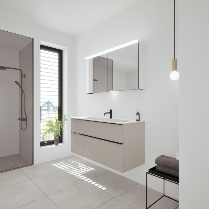 burgbad Fiumo 2.0 Mineralguss-Waschtisch mit Waschtischunterschrank 122 cm, mit Griff G0200