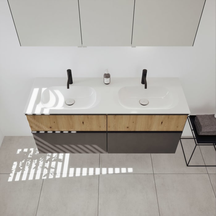 burgbad Fiumo 2.0 Mineralguss-Waschtisch mit Waschtischunterschrank 142 cm, mit Griff G0200