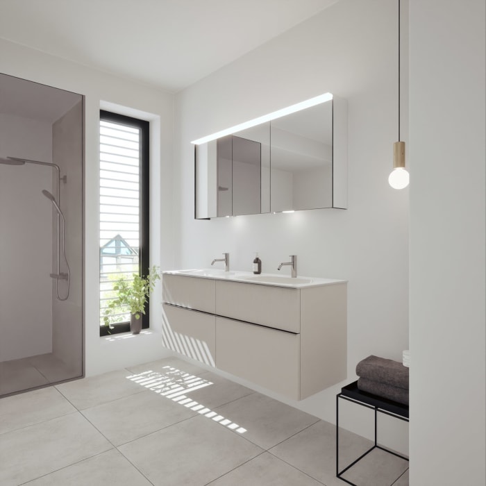 burgbad Fiumo 2.0 Mineralguss-Waschtisch mit Waschtischunterschrank 142 cm, mit Griff G0146