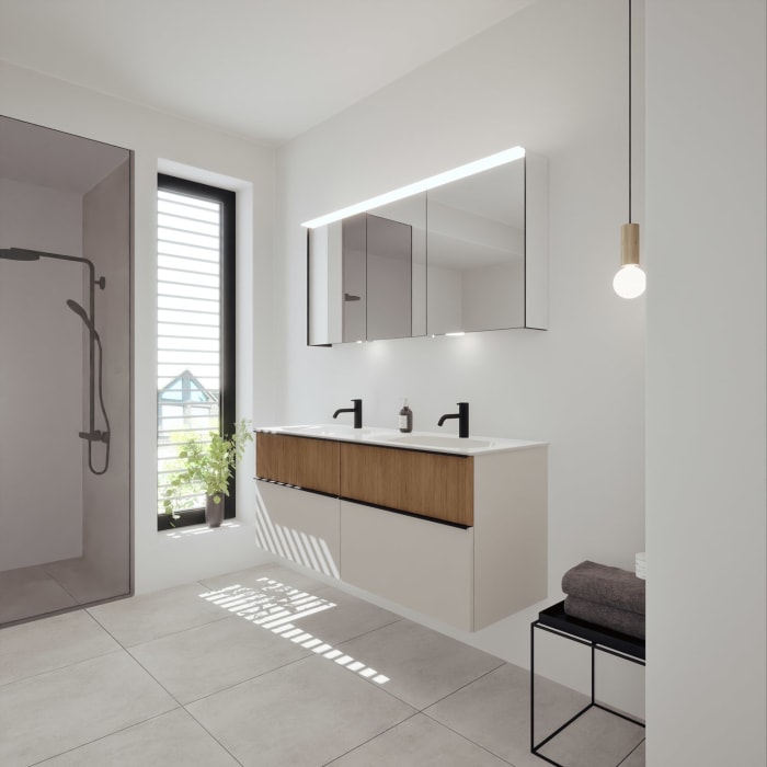 burgbad Fiumo 2.0 Mineralguss-Waschtisch mit Waschtischunterschrank 142 cm, mit Griff G0200