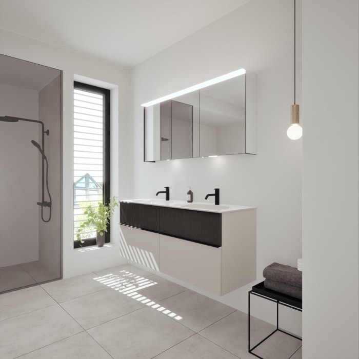 burgbad Fiumo 2.0 Mineralguss-Waschtisch mit Waschtischunterschrank 142 cm, mit Griff G0200